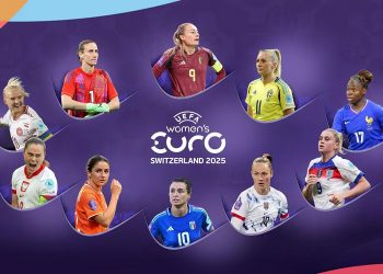 Jugadoras destacadas de la Eurocopa Femenina Suiza 2025 sobre fondo púrpura oficial