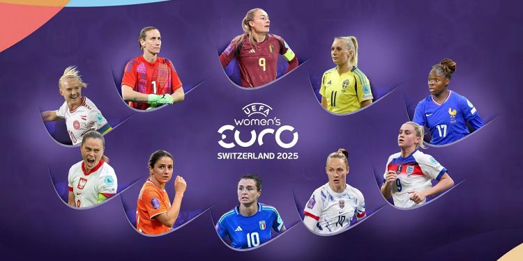 Jugadoras destacadas de la Eurocopa Femenina Suiza 2025 sobre fondo púrpura oficial