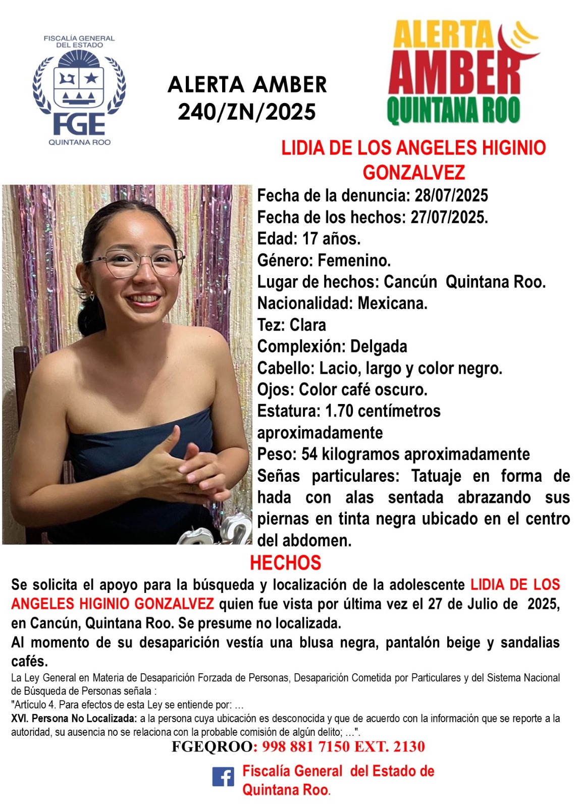 Alerta Amber Quintana Roo Lidia de los Angeles Higinio Gonzalvez