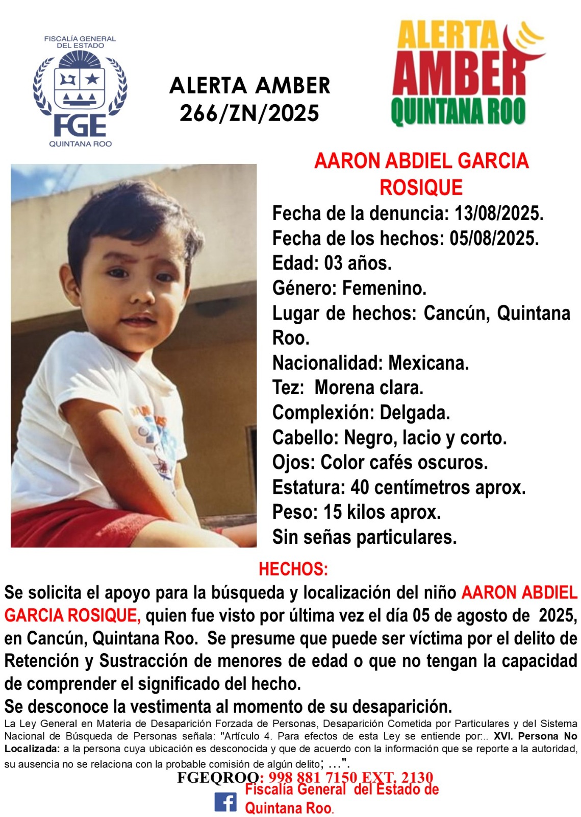 AARON ABDIEL GARCIA ROSIQUE Alerta Amber Quintana Roo