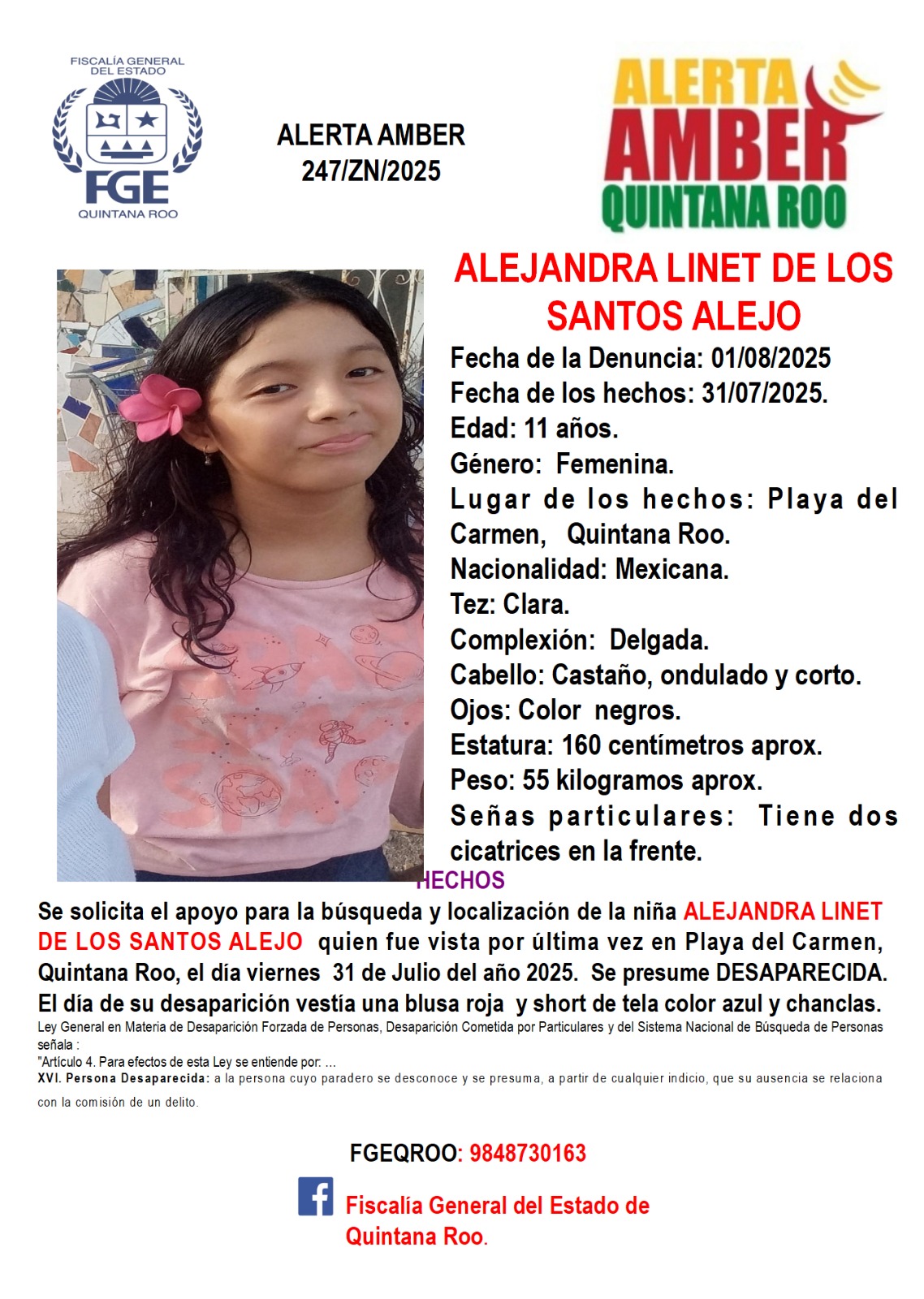 Alerta Amber Quintana Roo Alejandra Linet de los Santos Alejo