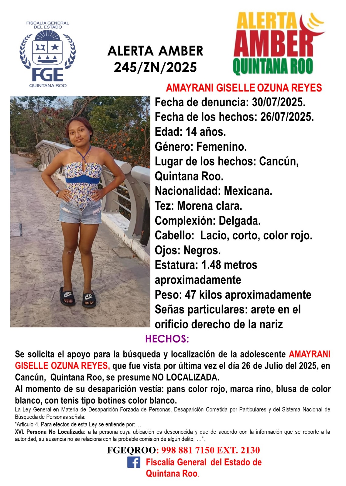 Alerta Amber Quintana Roo Amayrani Giselle Ozuna Reyes