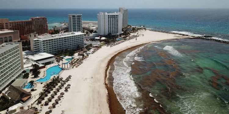 Playa de Cancún con gran acumulación de sargazo en la orilla durante la temporada alta.