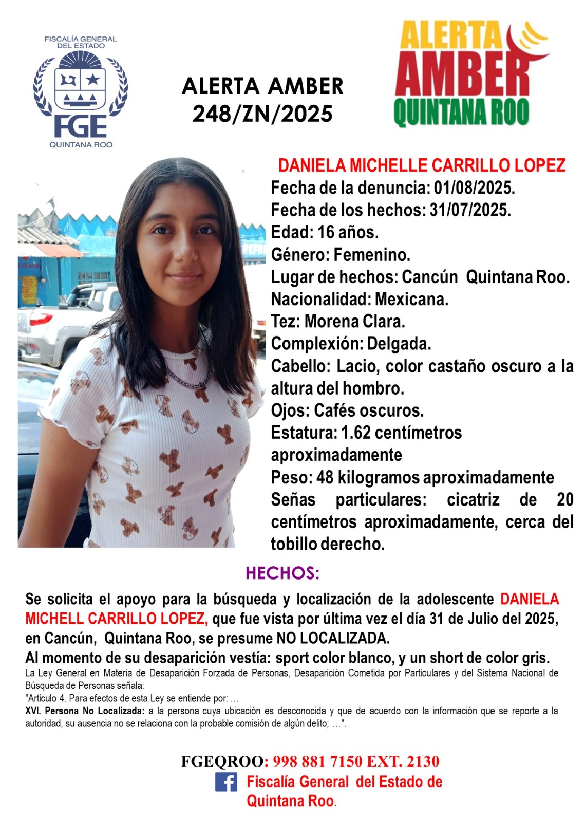 Alerta Amber Quintana Roo Daniela Michelle Carrillo Lopez