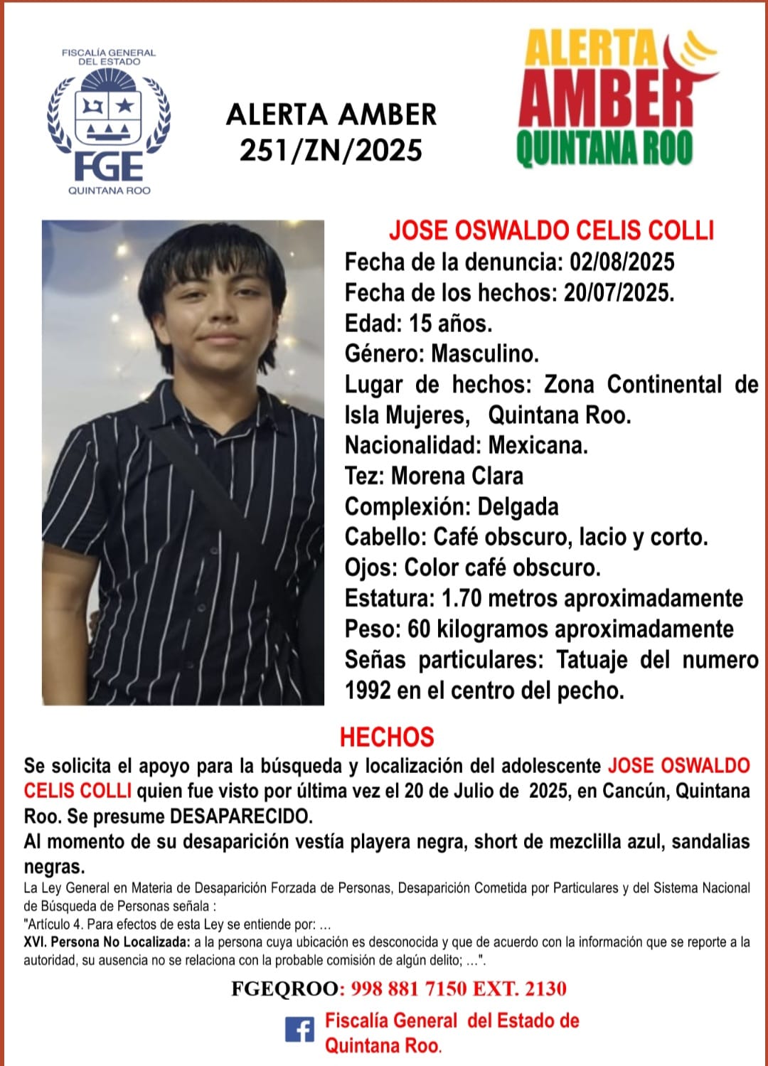 Alerta Amber en Quintana Roo hoy 4 de agosto 2025 Jose Oswaldo Celis Colli
