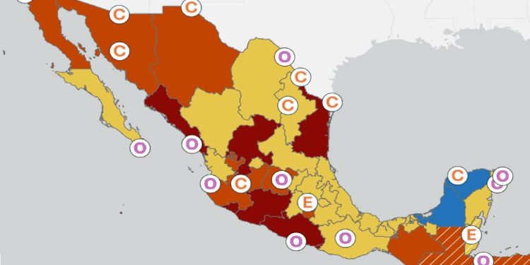Mapa de alerta de viaje de Estados Unidos para México mostrando zonas de riesgo por estados