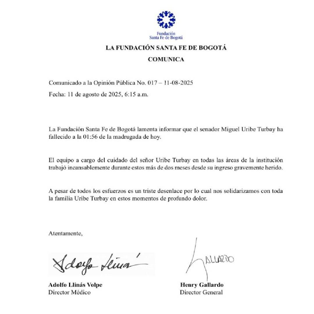 Comunicado oficial de la Fundación Santa Fe sobre el fallecimiento de Miguel Uribe