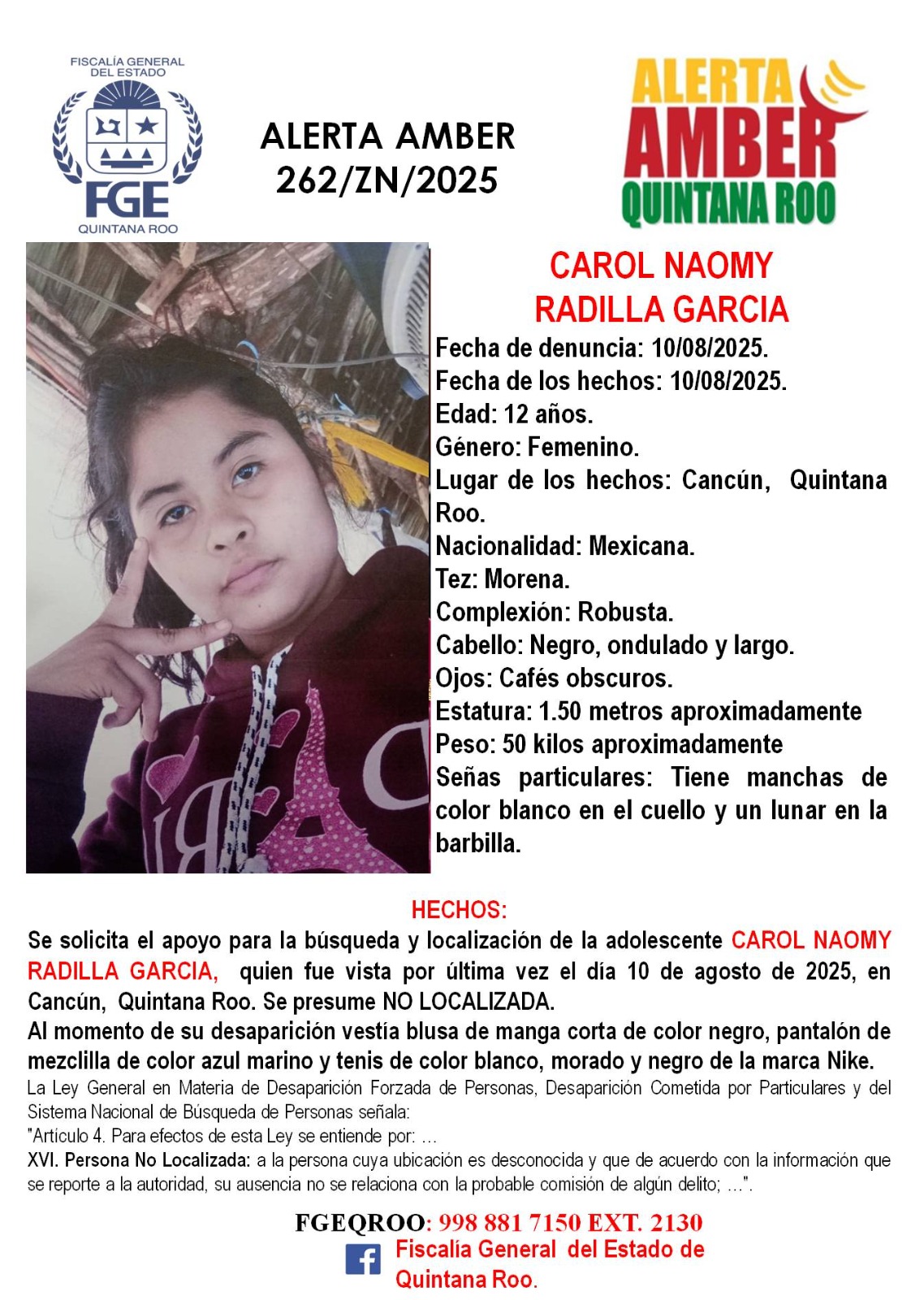 carol naomy radilla garcia Alerta Amber Quintana Roo