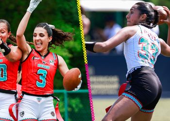 Jugadoras de la selección mexicana femenil celebrando y lanzando en Flag Football rumbo a Chengdu.