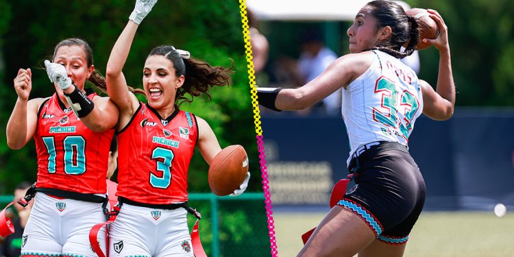 Jugadoras de la selección mexicana femenil celebrando y lanzando en Flag Football rumbo a Chengdu.