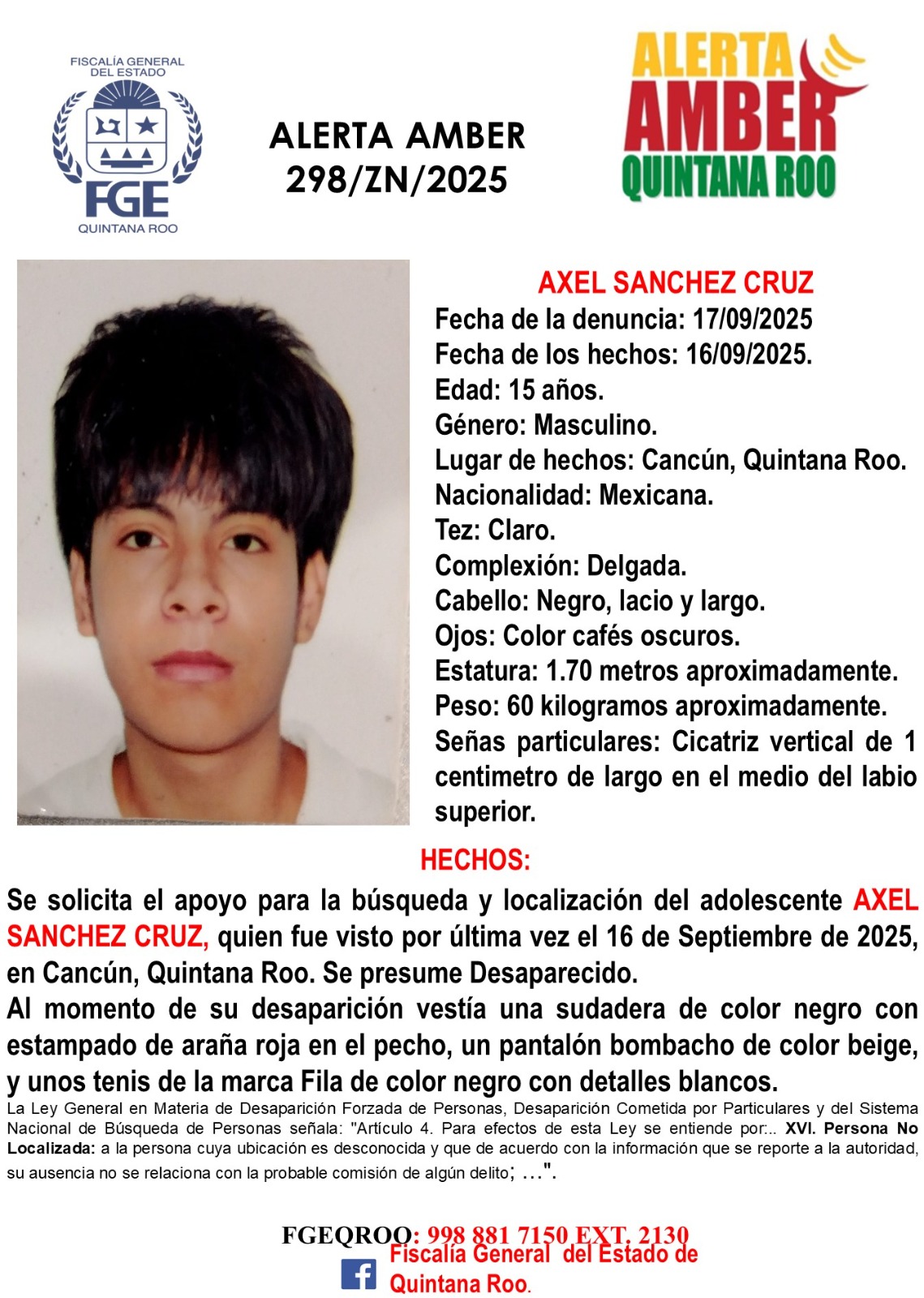 AXEL SANCHEZ CRUZ Alerta Amber Quintana Roo