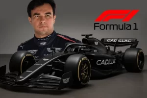 Checo Pérez junto a un monoplaza Cadillac de Fórmula 1 en su presentación oficial.