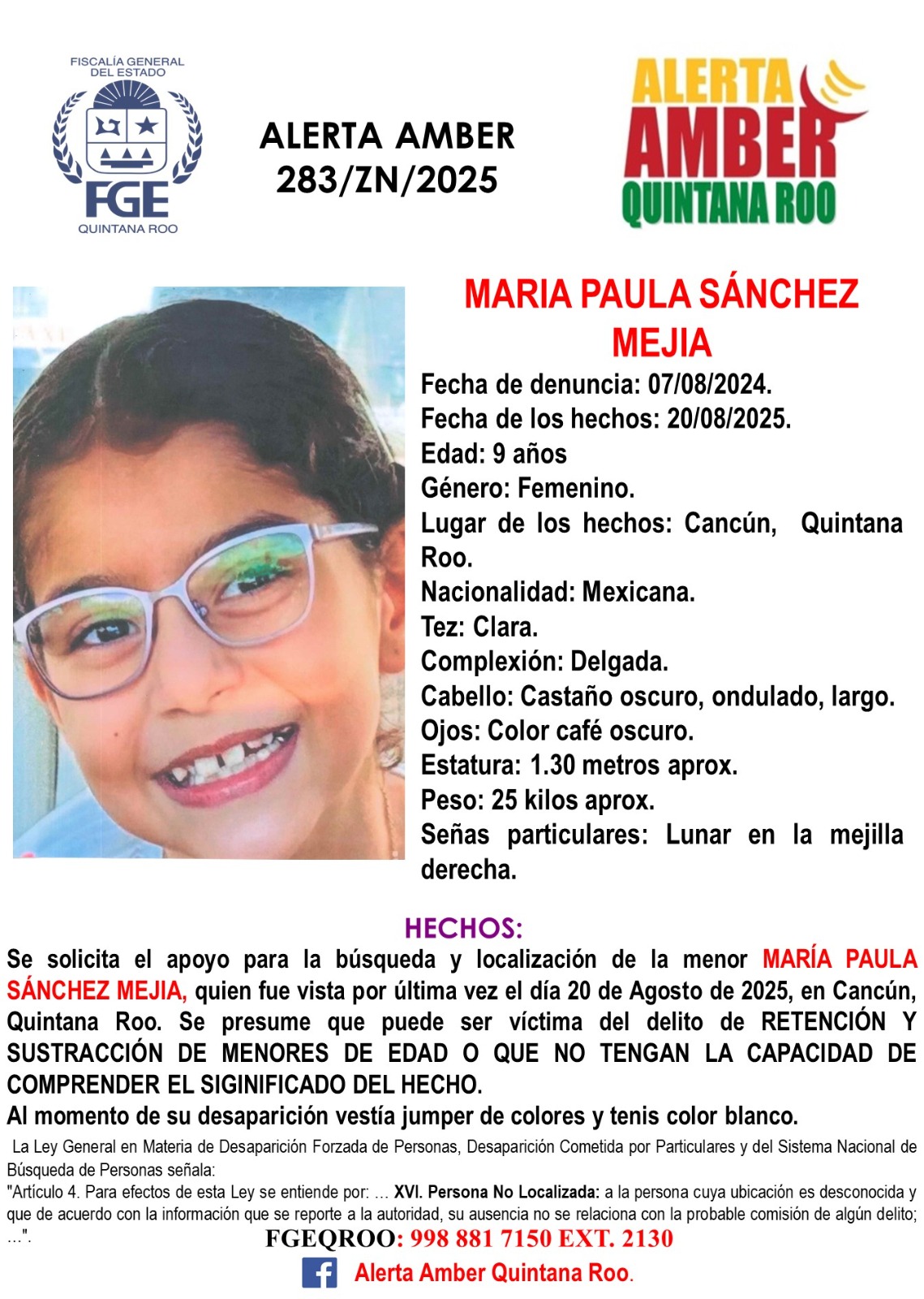 Maria Paula Sanchez Mejia Alerta Amber Quintana Roo