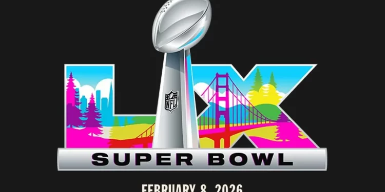 Logo oficial del Super Bowl LX 2026 con el trofeo Vince Lombardi y el Golden Gate Bridge de fondo.
