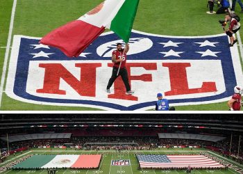 Jugadores y público celebran en el Estadio Azteca con banderas de México y Estados Unidos durante un partido de la NFL.