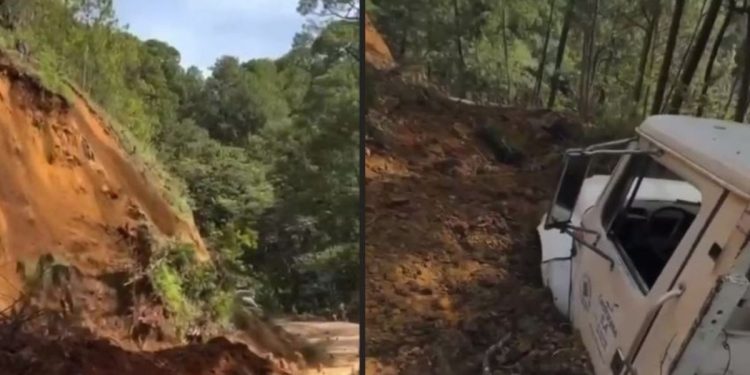 Captan el momento exacto en que un derrumbe de tierra se traga un camión en Oaxaca