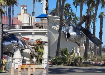 Helicóptero se desploma en Huntington Beach, California