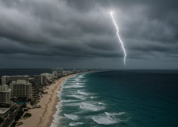 Vista aérea de la zona hotelera de Cancún con cielo nublado y un trueno en el horizonte, clima lluvioso en Quintana Roo