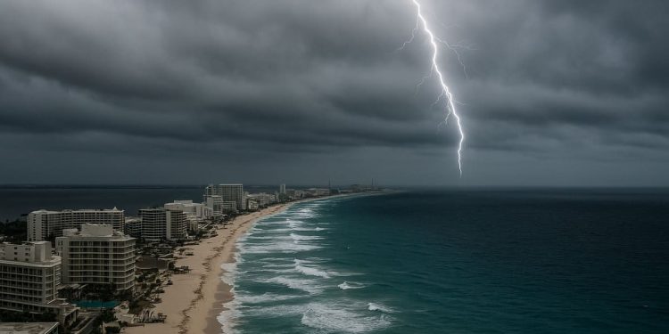 Vista aérea de la zona hotelera de Cancún con cielo nublado y un trueno en el horizonte, clima lluvioso en Quintana Roo