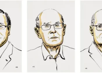 Retratos ilustrados de los tres científicos galardonados con el Premio Nobel de Química 2025 por su trabajo en arquitectura molecular.