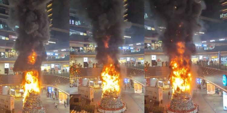 Árbol de Navidad se incendia dentro de Centro comercial de Chengdu, China