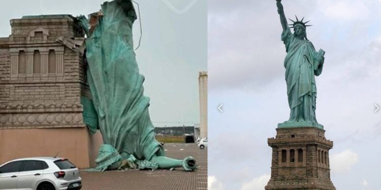 Cae replica de la Estatua de la Libertad en Brasil tras violento temporal
