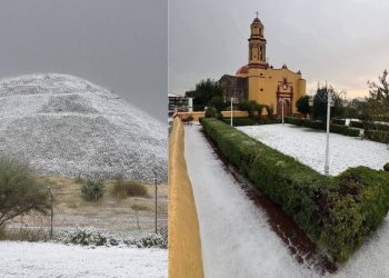 Granizo cubre de nieve la pirámide de Teotihuacán