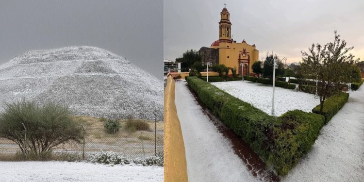 Granizo cubre de nieve la pirámide de Teotihuacán
