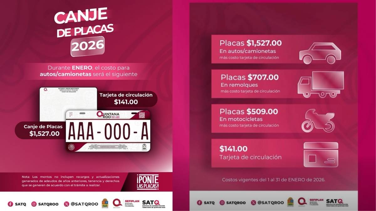 Costos del canje de placas 2026 en Quintana Roo