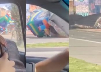 Saltarín inflable sale volando por fuertes vientos en avenida Guayacanes en Bogotá