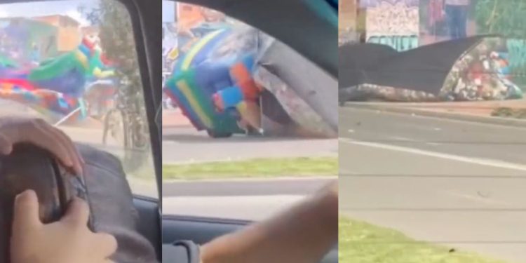 Saltarín inflable sale volando por fuertes vientos en avenida Guayacanes en Bogotá
