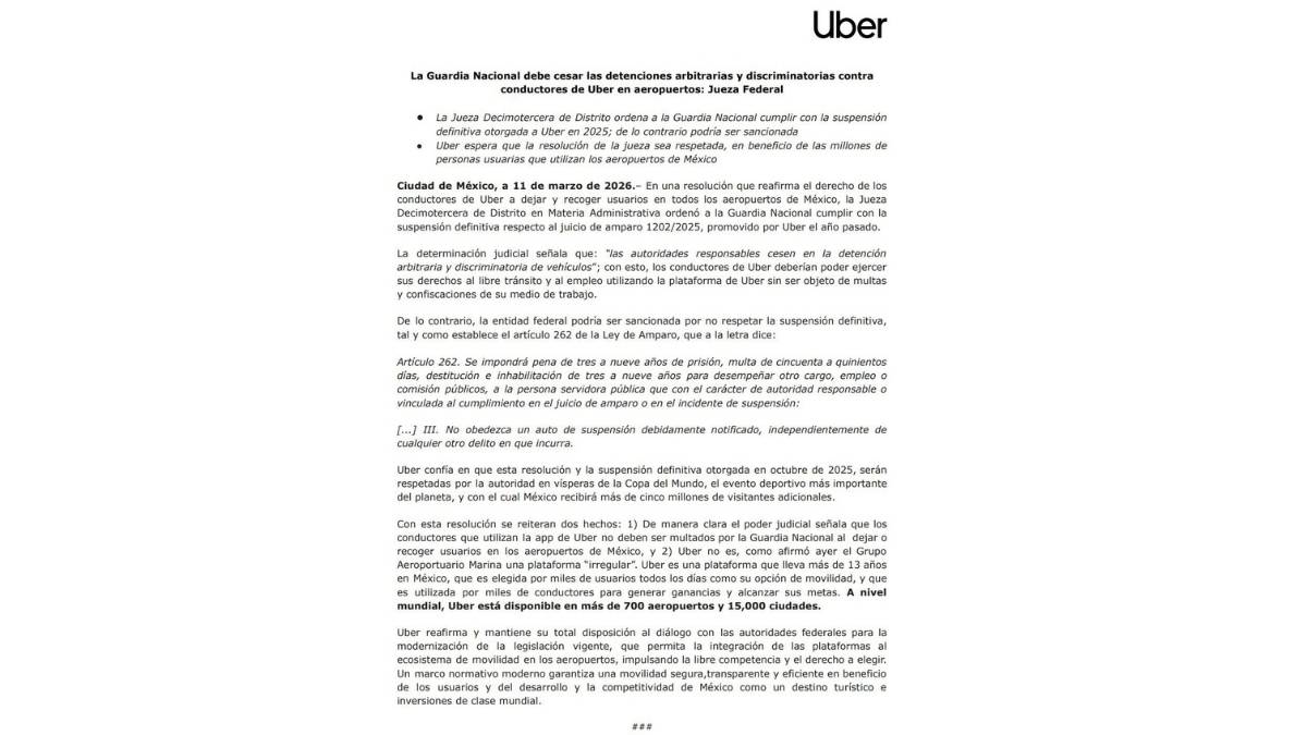 Uber advierte posibles sanciones contra autoridades