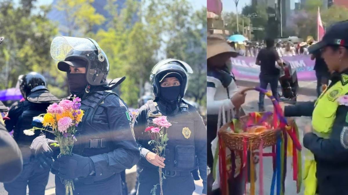 Videos muestran a mujeres regalando flores a policias en marcha del 8M en CDMX
