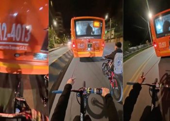 Ciclistas se sujetan con cable a unidad de transporte público y genera polémica