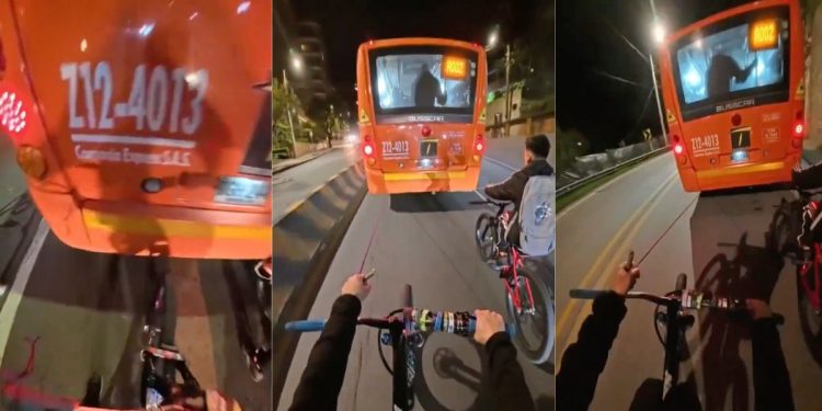 Ciclistas se sujetan con cable a unidad de transporte público y genera polémica