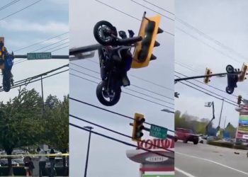 VIDEO: Motocicleta se estrella y queda colgando de un semáforo en Canadá