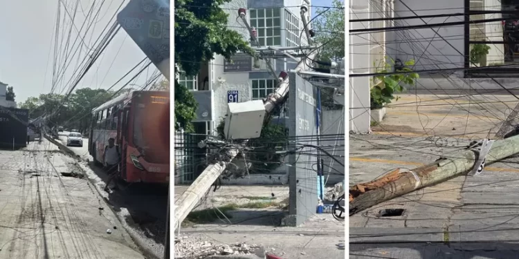 Postes derribados afectan tránsito y semáforos en la Av. Cobá