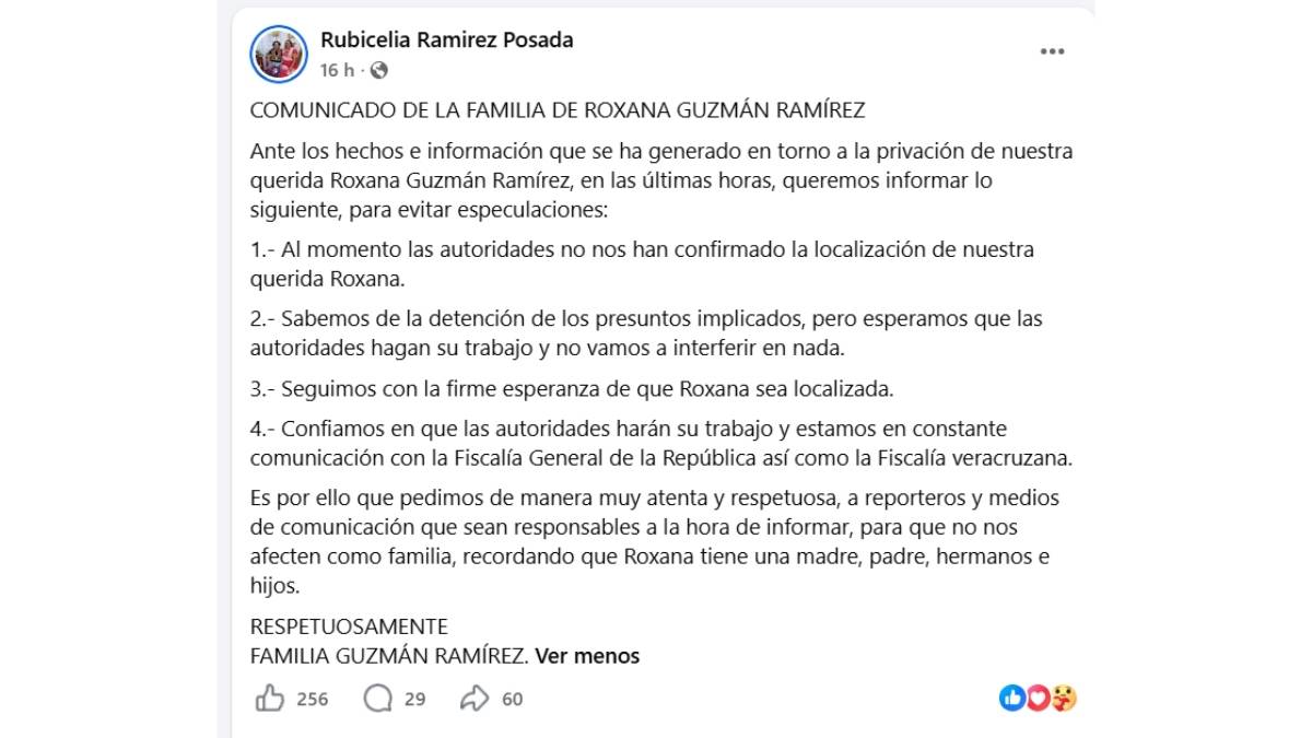 Familia pide evitar informacion falsa sobre Roxana Guzman