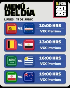 Horarios de los partidos del Mundial 2026 del 15 de junio con las banderas de las selecciones participantes.
