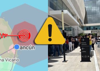 Personas evacuando un edificio en Cancún tras el temblor registrado en Quintana Roo.