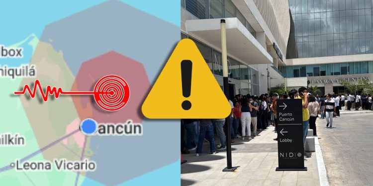 Personas evacuando un edificio en Cancún tras el temblor registrado en Quintana Roo.