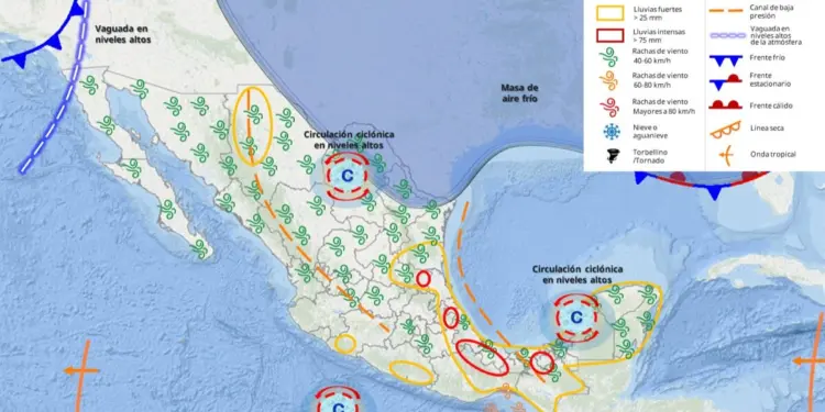 Mapa del Servicio Meteorológico Nacional con pronóstico de lluvias fuertes para Quintana Roo