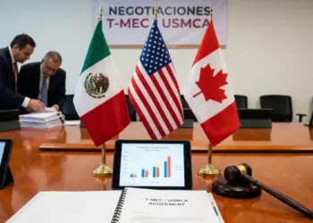 Ilustración sobre la revisión del T-MEC entre México, Estados Unidos y Canadá