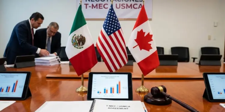 Ilustración sobre la revisión del T-MEC entre México, Estados Unidos y Canadá