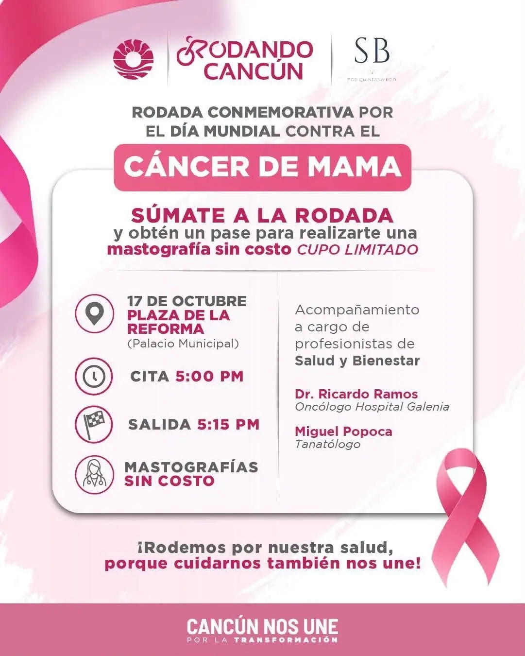 Cartel de la rodada de Rodando Cancún con mastografías sin costo